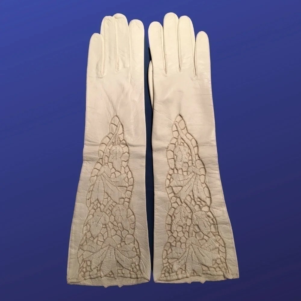 UNBRANDED 100% Leather Kid Gloves w/Crochet Lace, Size M, CREAM, Pre-owned, EUC